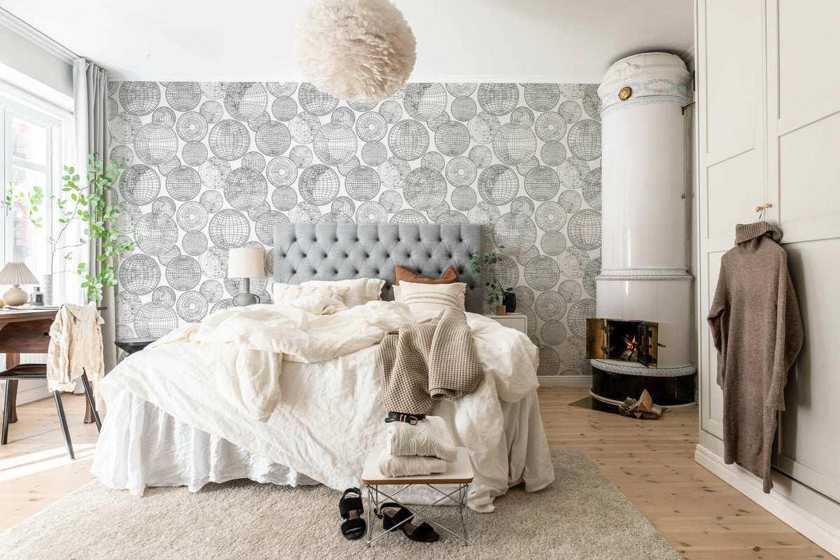 Globes Gathering, Black and White Mural Wallpaper - room preview 05