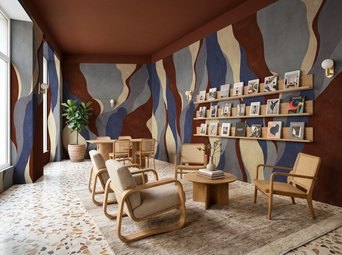 Flowing Forms, Dark Blue Mural Wallpaper - room preview 05