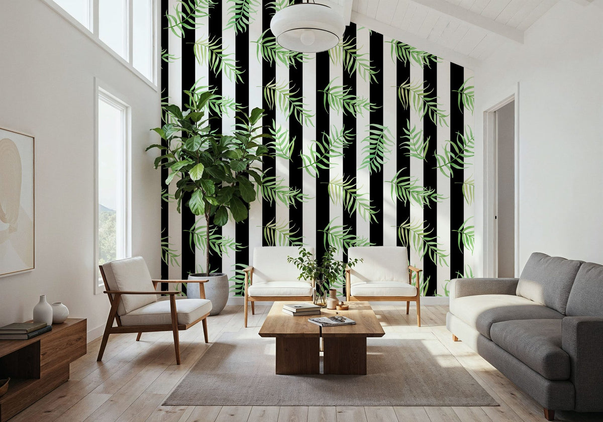 Black & White Stripe Leaves Mural Wallpaper - room preview 06
