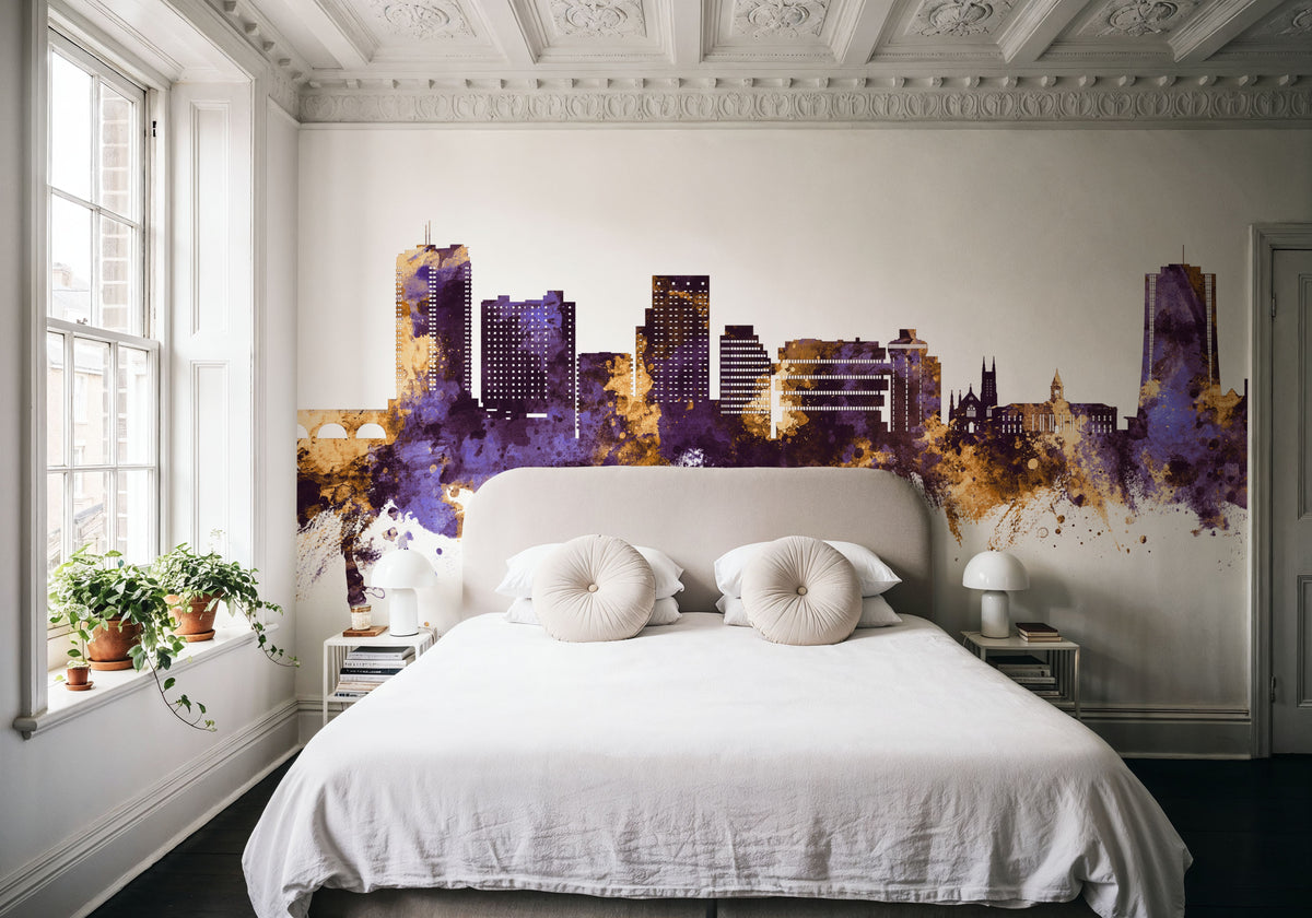 Stamford Connecticut Skyline Purple & Gold Mural Wallpaper - room preview 06