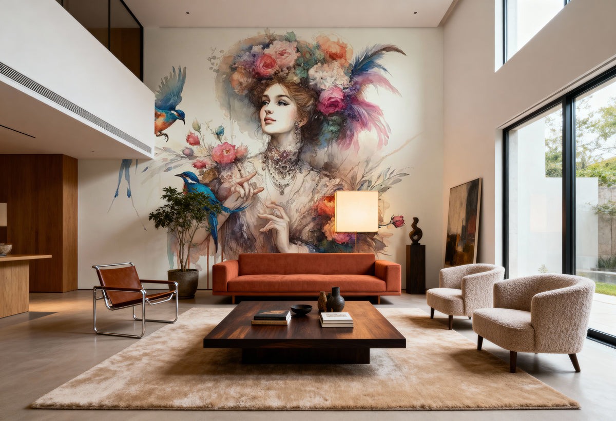 Enchanting Lady Amidst Blooms and Birds Mural Wallpaper - room preview 06