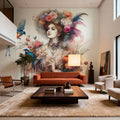 Enchanting Lady Amidst Blooms and Birds Mural Wallpaper - room preview 06