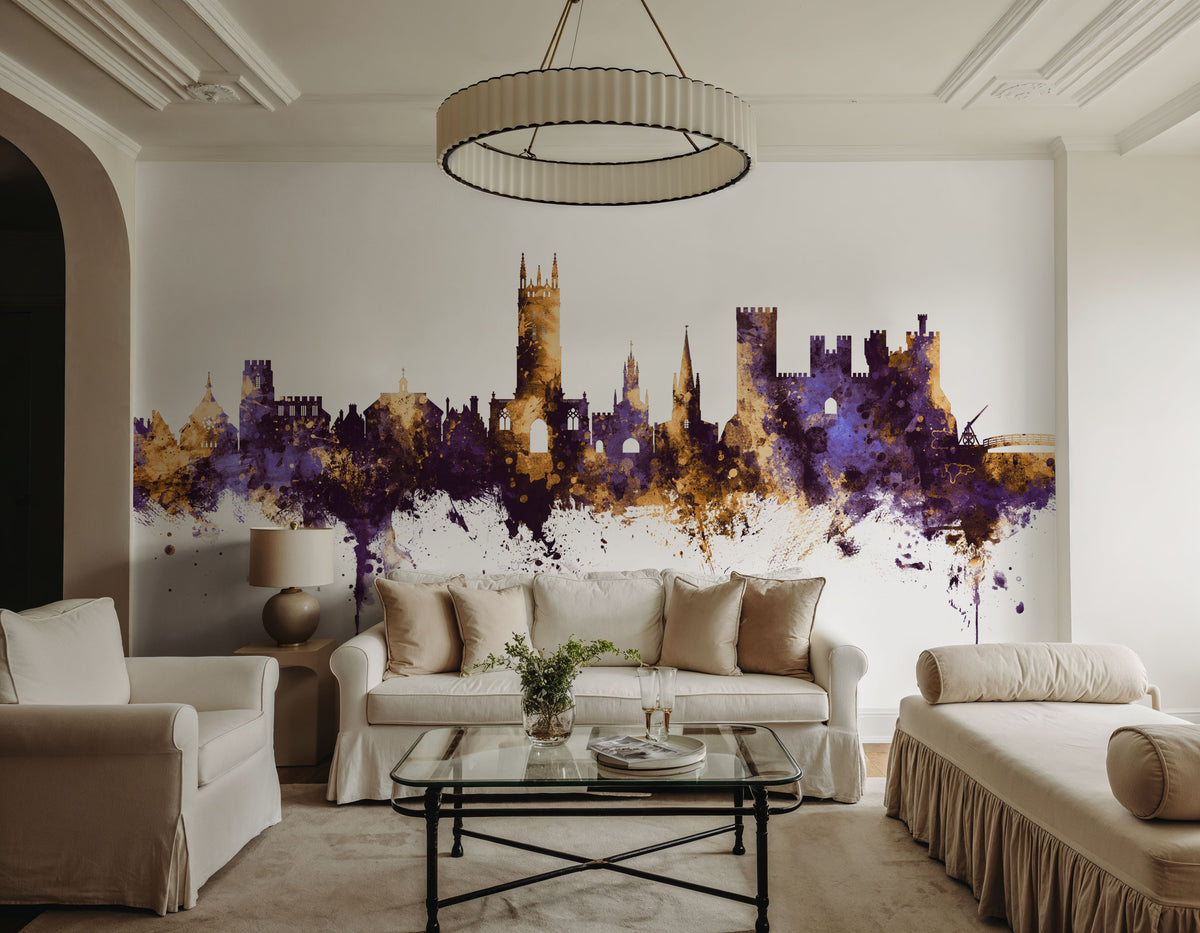 Warwick England Skyline Purple & Gold Mural Wallpaper - room preview 06