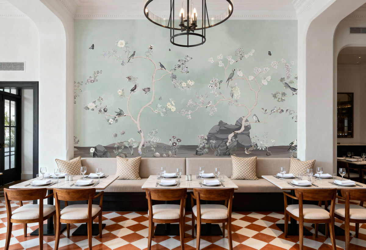 Birds in the Garden Blue Green Mural Wallpaper - room preview 06