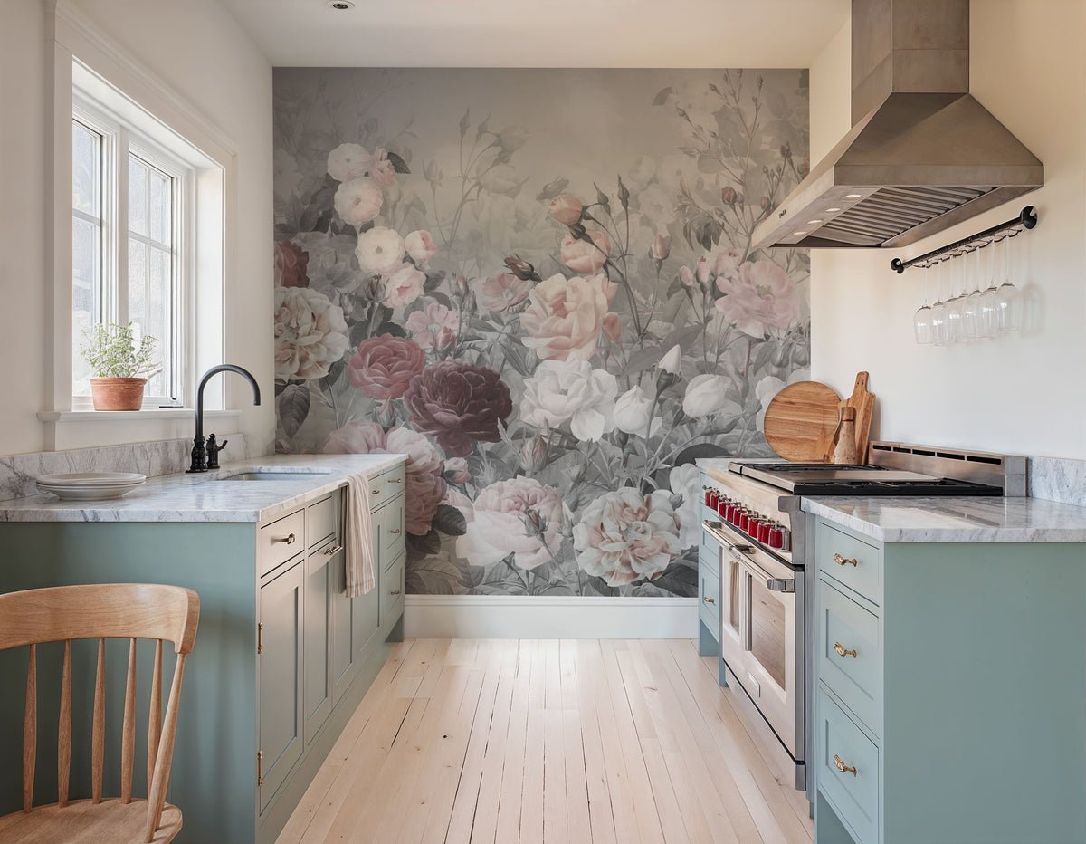Rose Garden Gray Mural Wallpaper - room preview 06