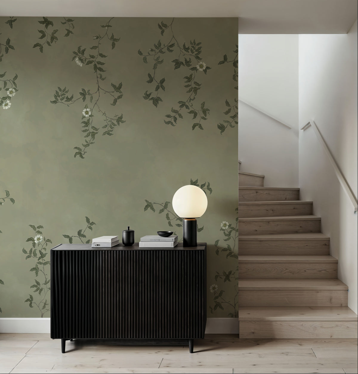 Rambling Rose, Ivory on Jade Mural Wallpaper - room preview 06