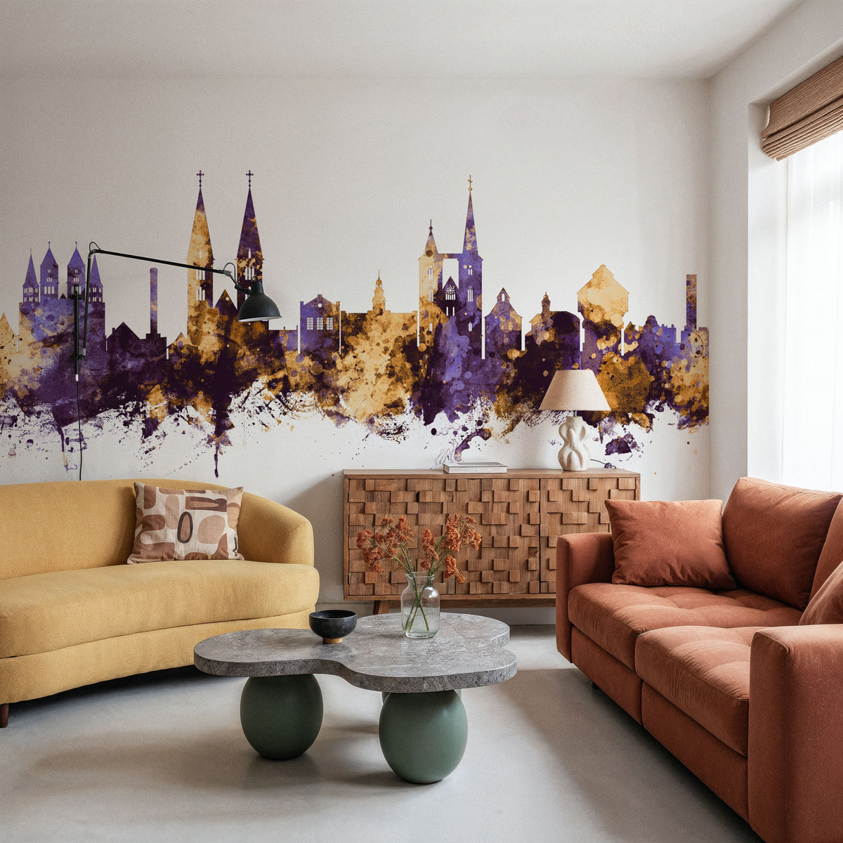 Halberstadt Germany Skyline Purple & Gold Mural Wallpaper - room preview 06