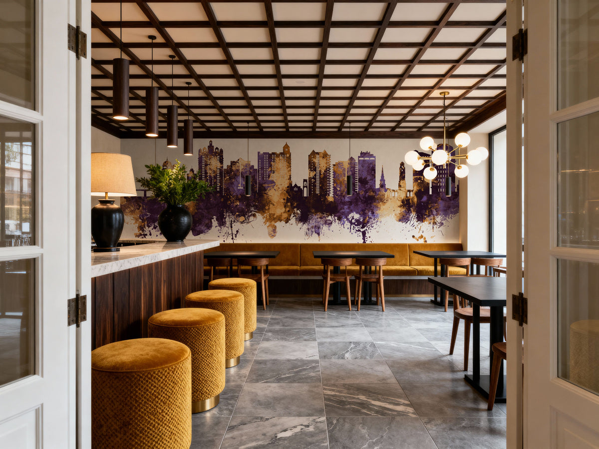 Sarasota Florida Skyline Purple & Gold Mural Wallpaper - room preview 06