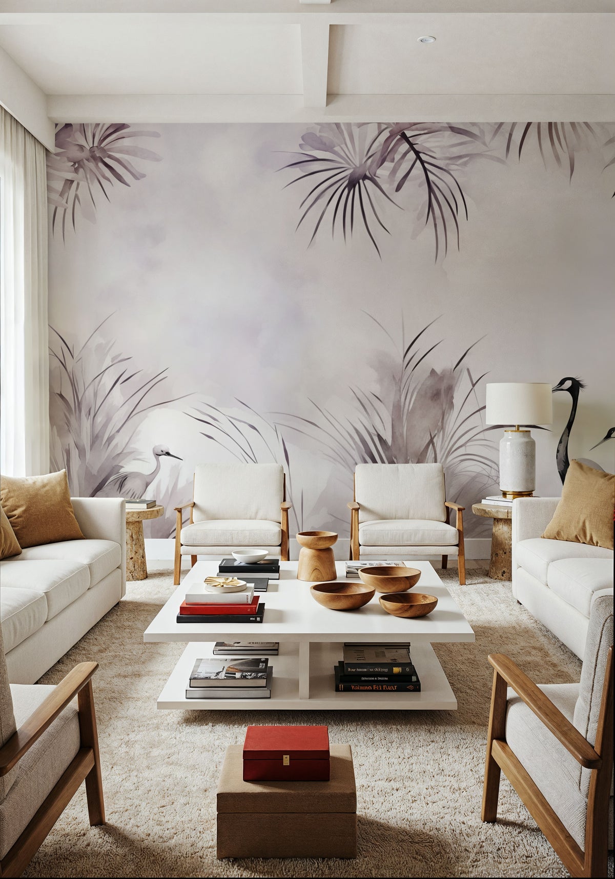 Cranes in a Field Purple Mural Wallpaper - room preview 06