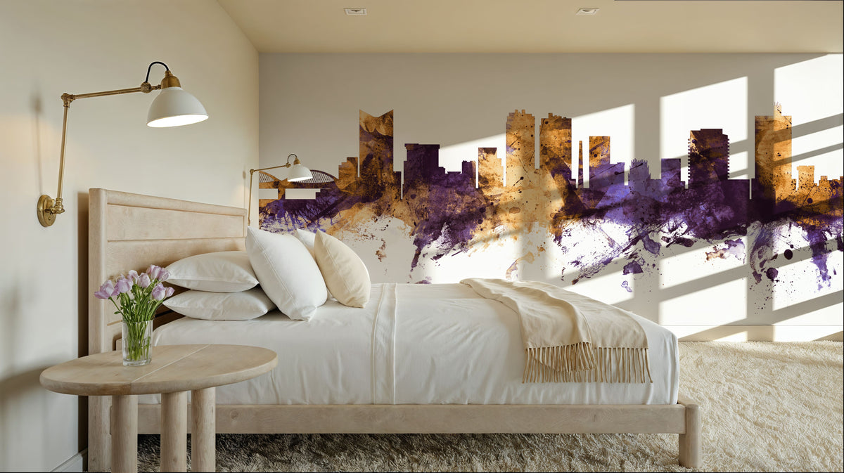 Fort Worth Texas Skyline Purple & Gold Mural Wallpaper - room preview 06