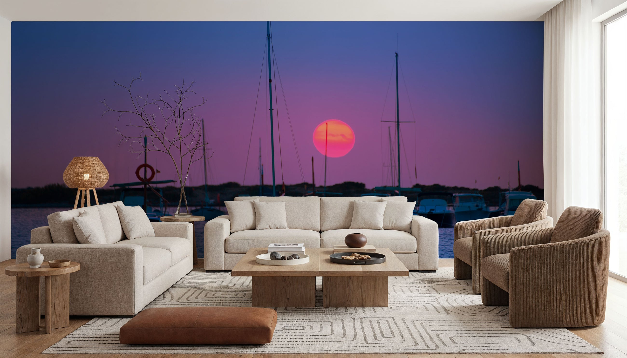 Boat Sunset Clear Skies Mural Wallpaper