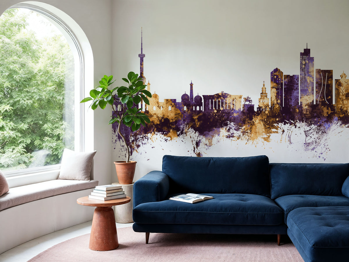 Tashkent Uzbekistan Skyline Purple & Gold Mural Wallpaper - room preview 06