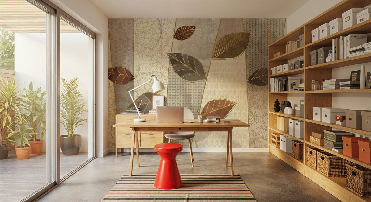 Bohemian Leaves I Neutral Mural Wallpaper - room preview 06