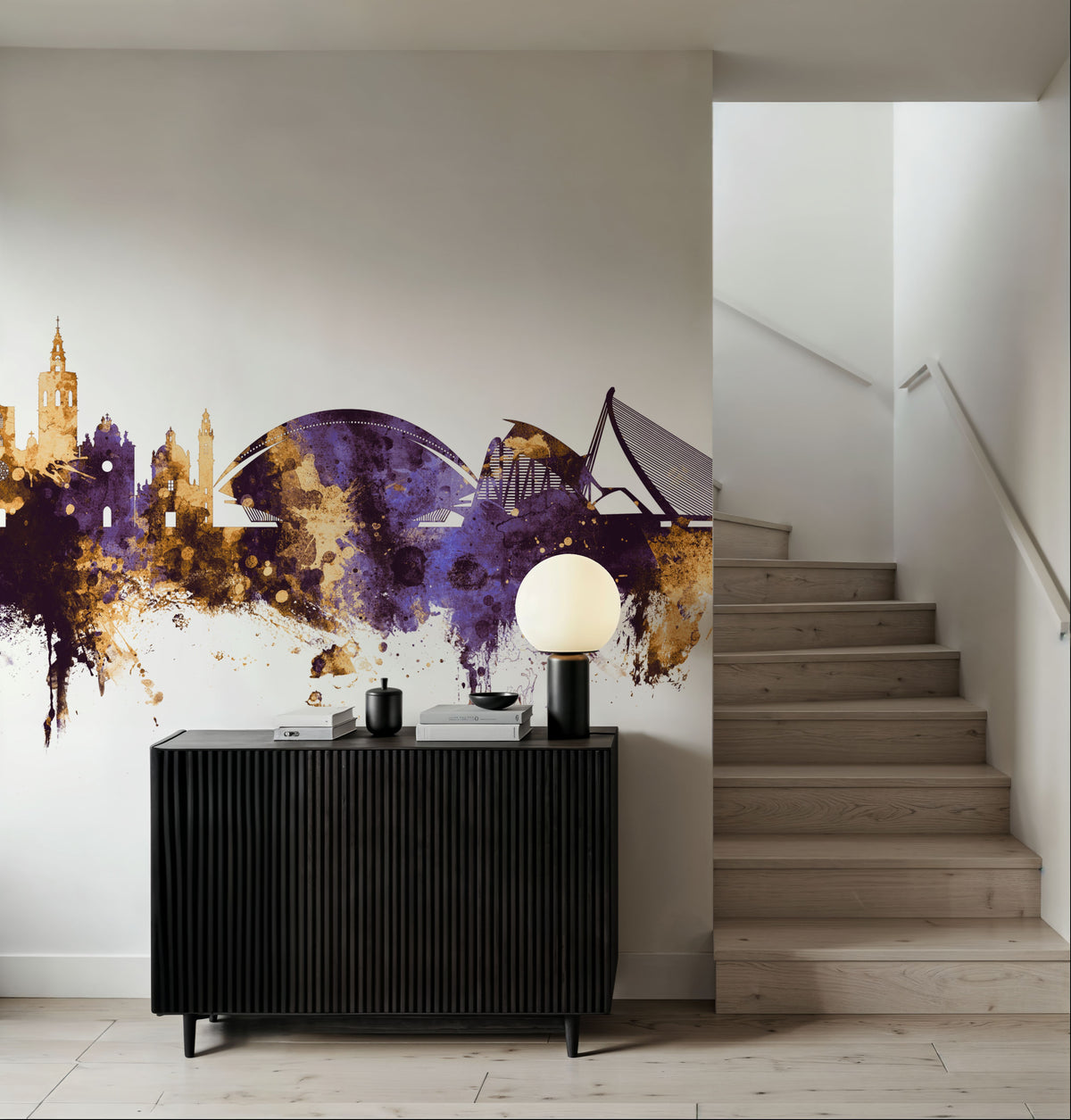 Valencia Spain Skyline Purple & Gold Mural Wallpaper - room preview 06