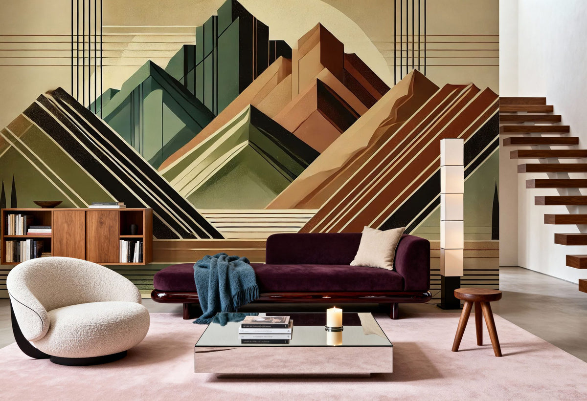 Elegant Art Deco Mountain Peaks Mural Wallpaper - room preview 06