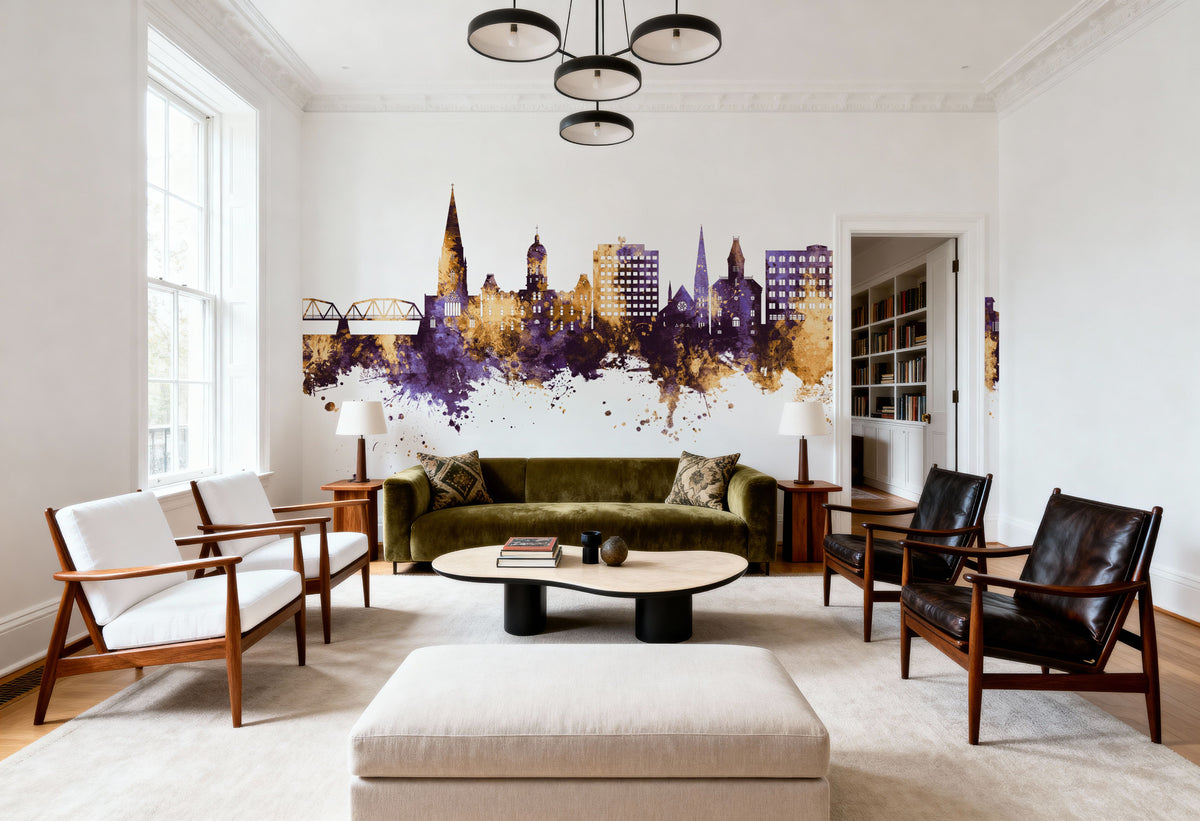 Fredericton Canada Skyline Purple & Gold Mural Wallpaper - room preview 06