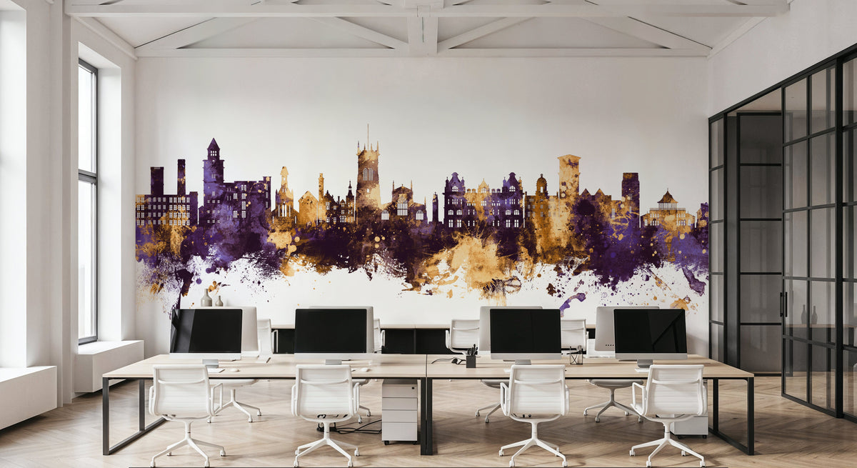 Wigan England Skyline Purple & Gold Mural Wallpaper - room preview 06