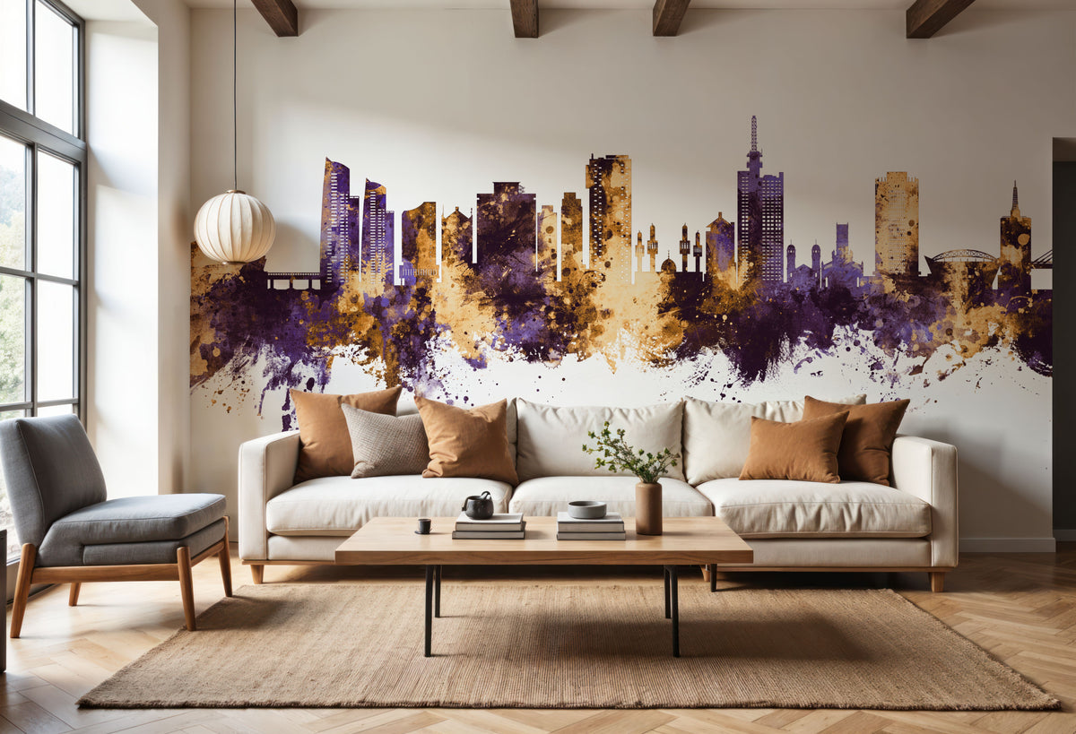 Lagos Nigeria Skyline Purple & Gold Mural Wallpaper - room preview 06