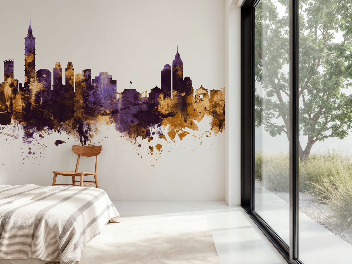 Taipei Taiwan Skyline Purple & Gold Mural Wallpaper - room preview 06