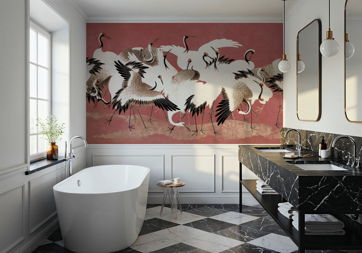 Japanese Flock of Cranes, Coral Blush Mural Wallpaper - room preview 06
