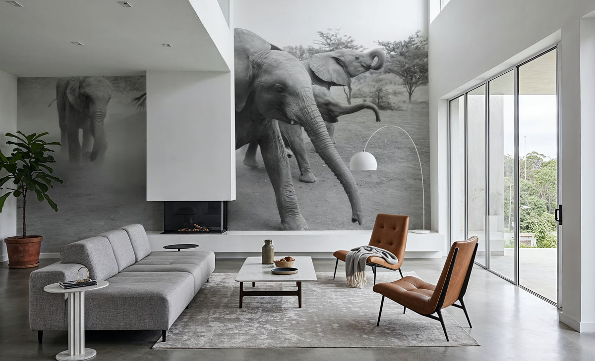 Elephant Race BW Mural Wallpaper - room preview 06
