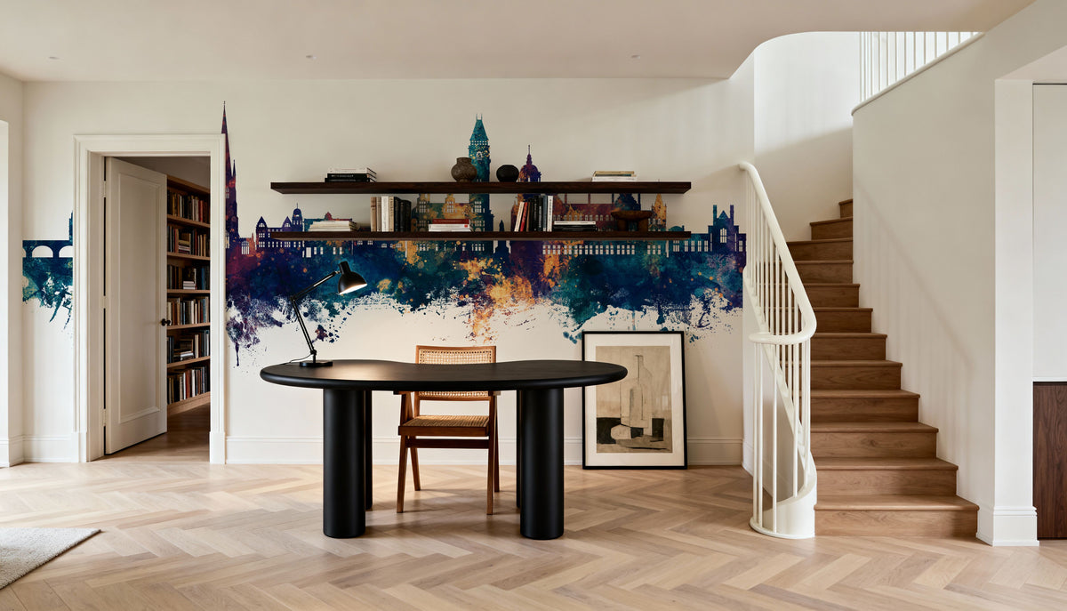 Wakefield England Skyline Blue & Bronze Mural Wallpaper - room preview 06