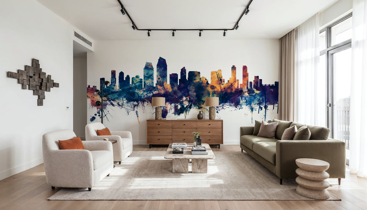 San Diego California Skyline Blue & Bronze Mural Wallpaper - room preview 06