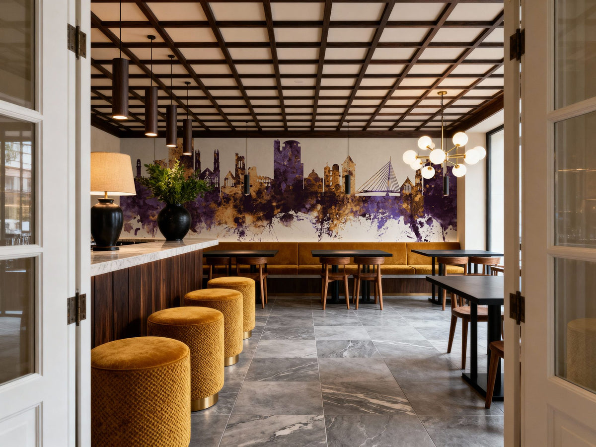Swansea Wales Skyline Purple & Gold Mural Wallpaper - room preview 06