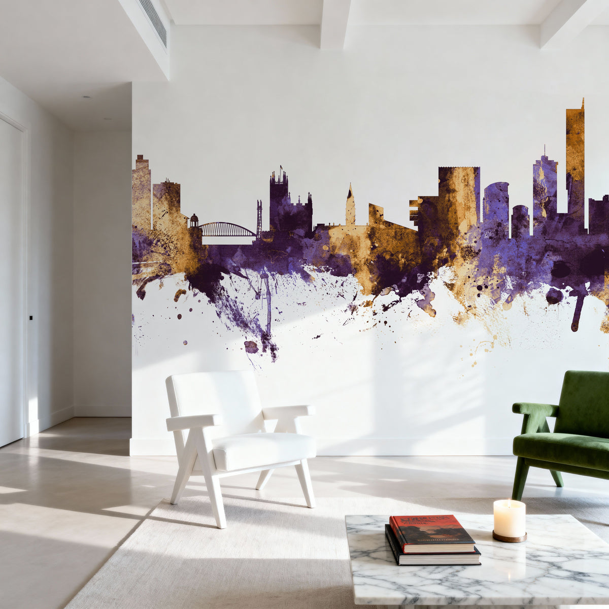 Manchester England Skyline Purple & Gold Mural Wallpaper - room preview 06