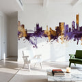 Manchester England Skyline Purple & Gold Mural Wallpaper - room preview 06