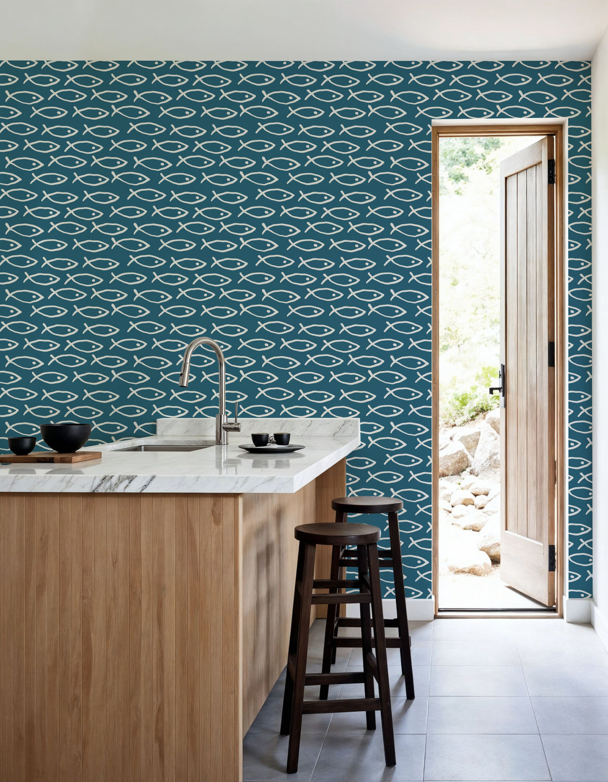 Seaside Fish Dark Blue Mural Wallpaper - room preview 06