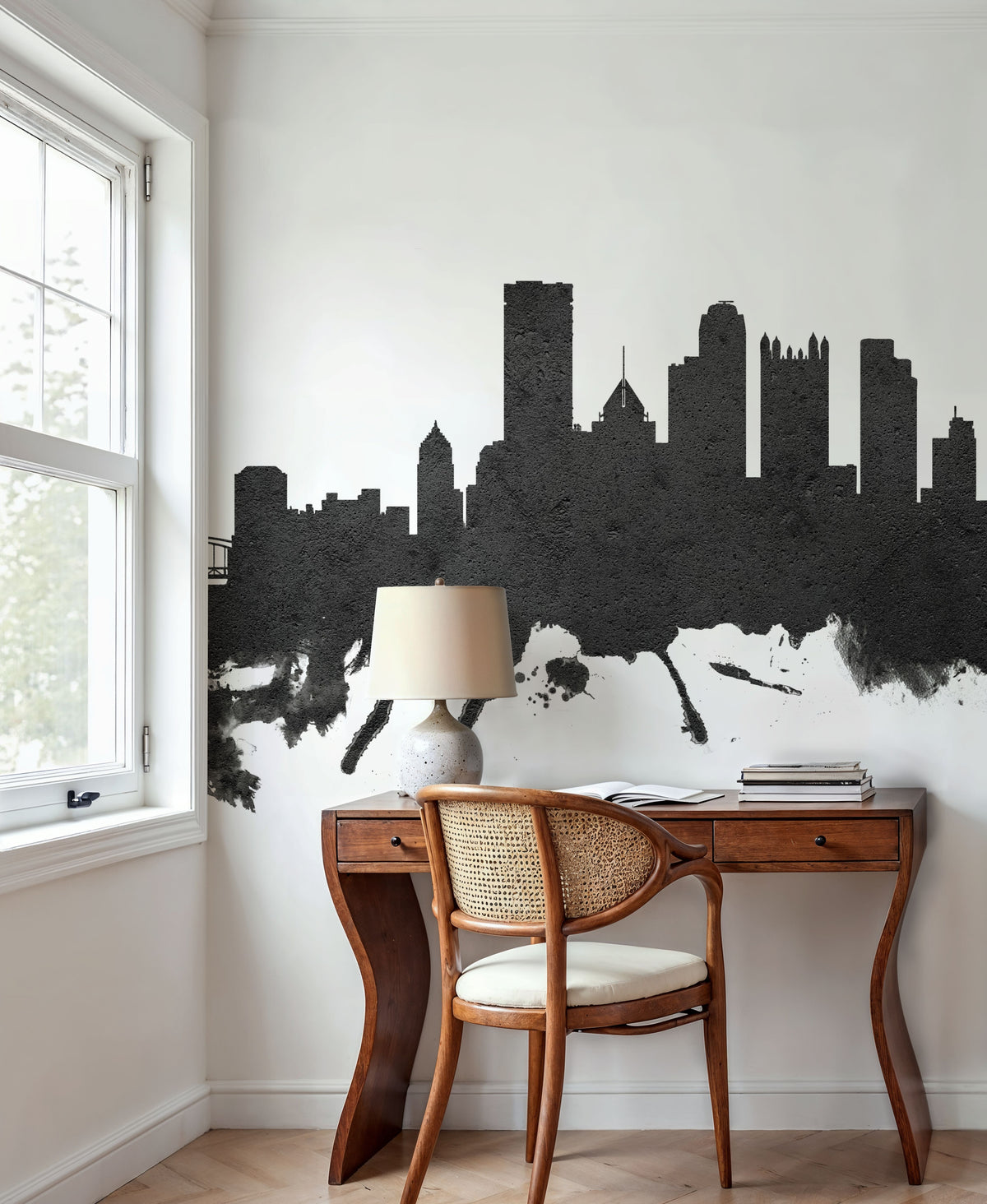 Pittsburg Pennsylvania Skyline Black & White Mural Wallpaper - room preview 06