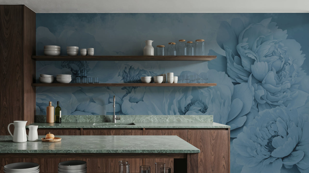 Transcendent Peony, French Blue Mural Wallpaper - room preview 06