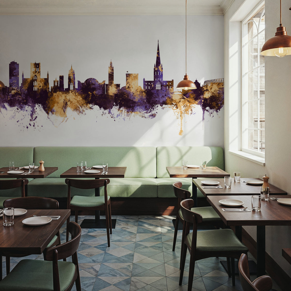 Norwich England Skyline Purple & Gold Mural Wallpaper - room preview 06