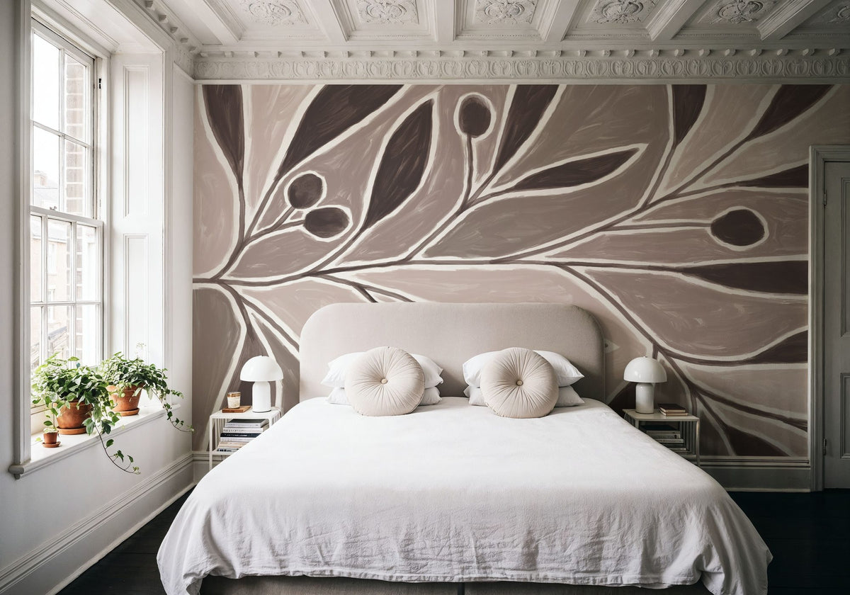 Modern Leaf Neutral Mural Wallpaper - room preview 06