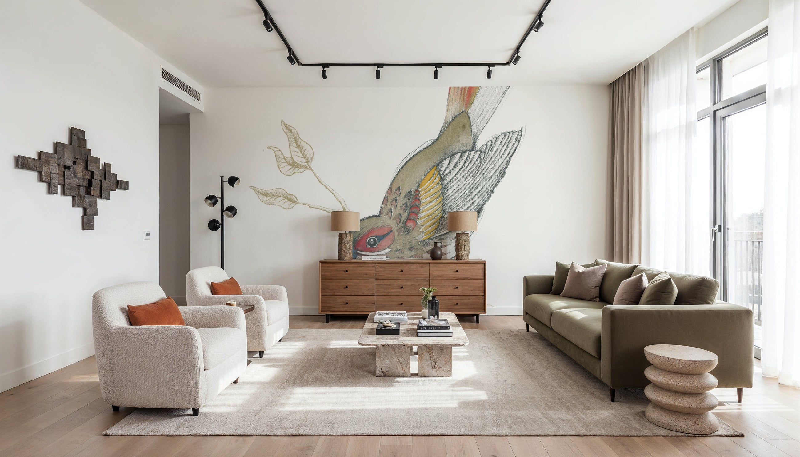 Arts and Crafts Birds II on White Mural Wallpaper