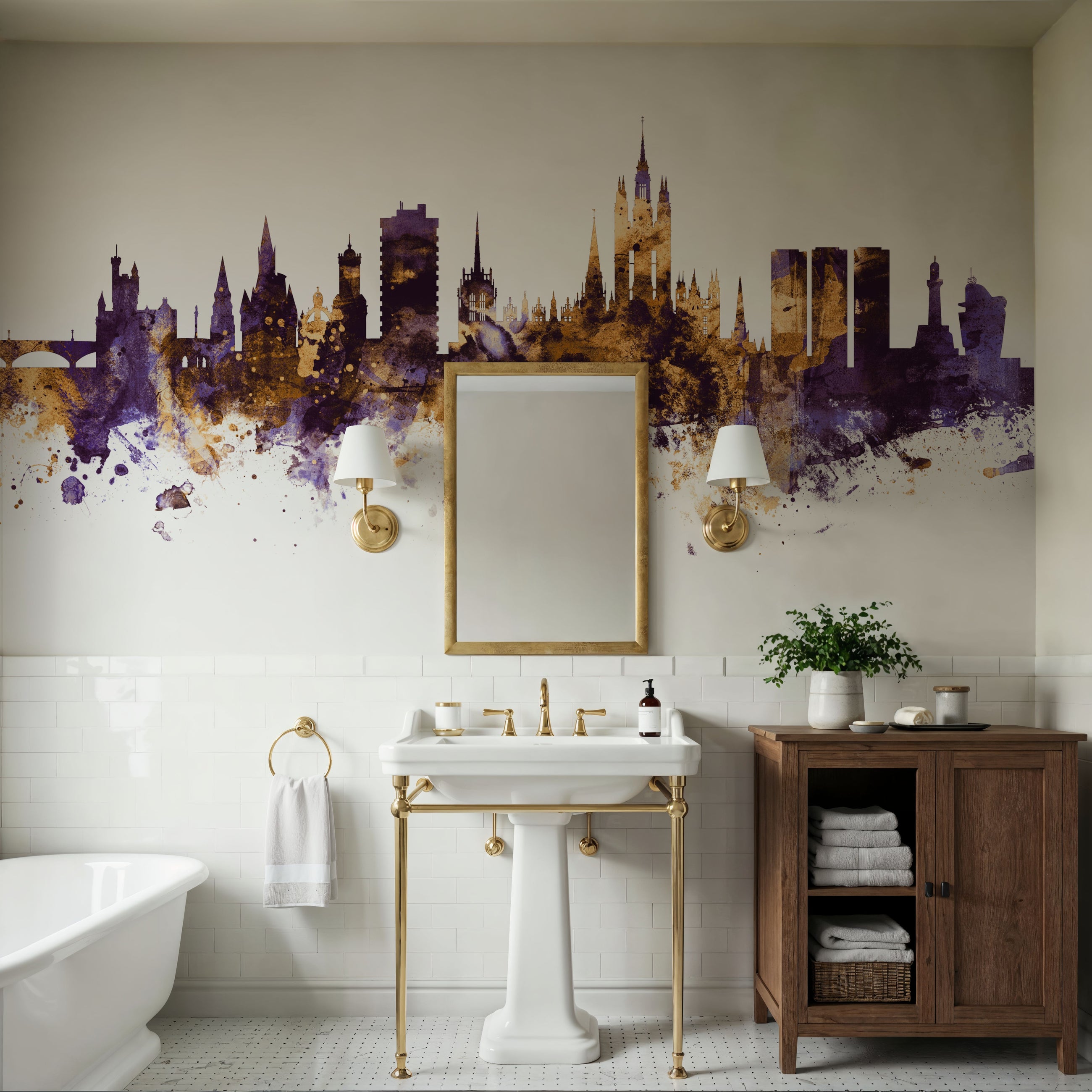 Aberdeen Scotland Skyline Purple & Gold Mural Wallpaper