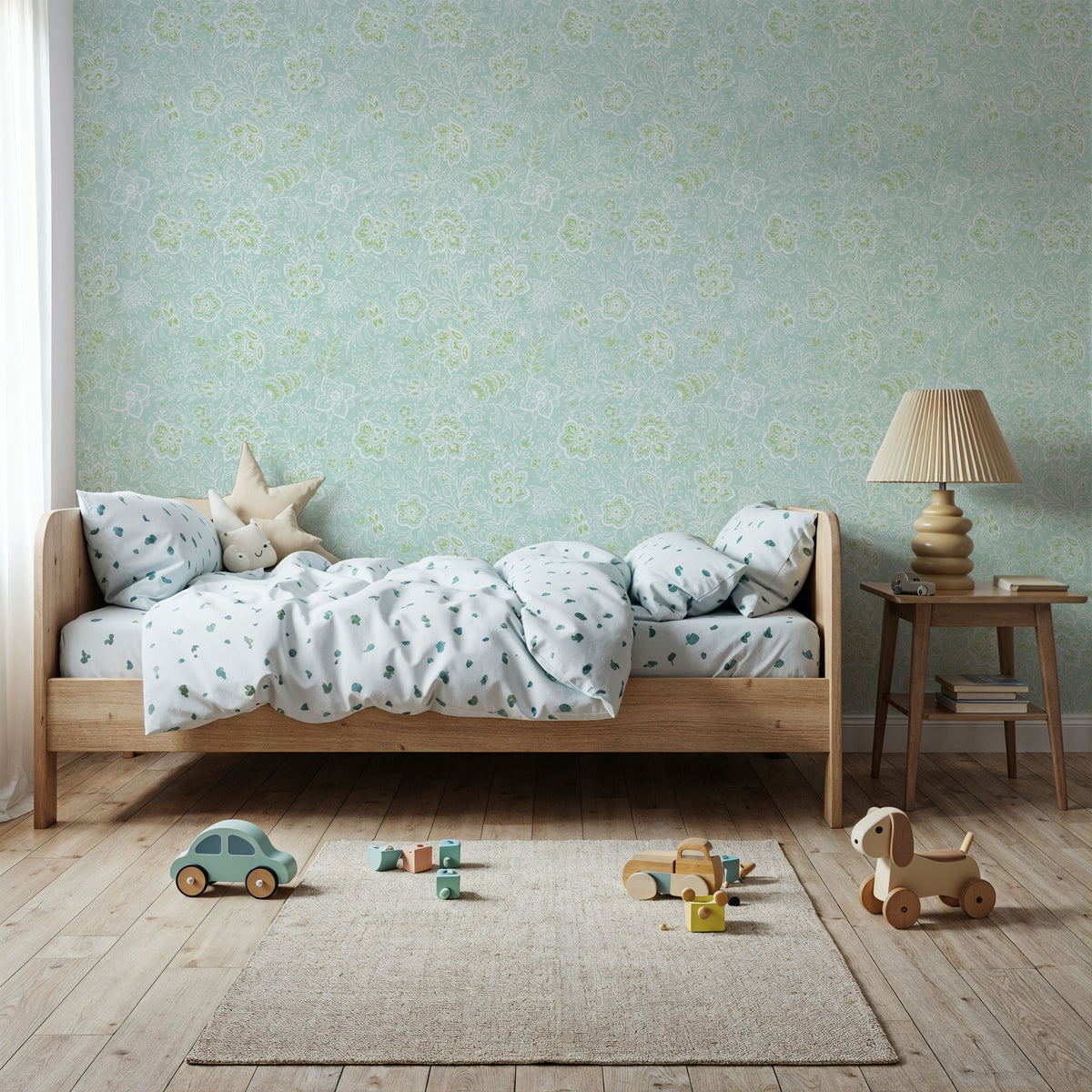 Kala Flowers White on Mint Mural Wallpaper - room preview 06