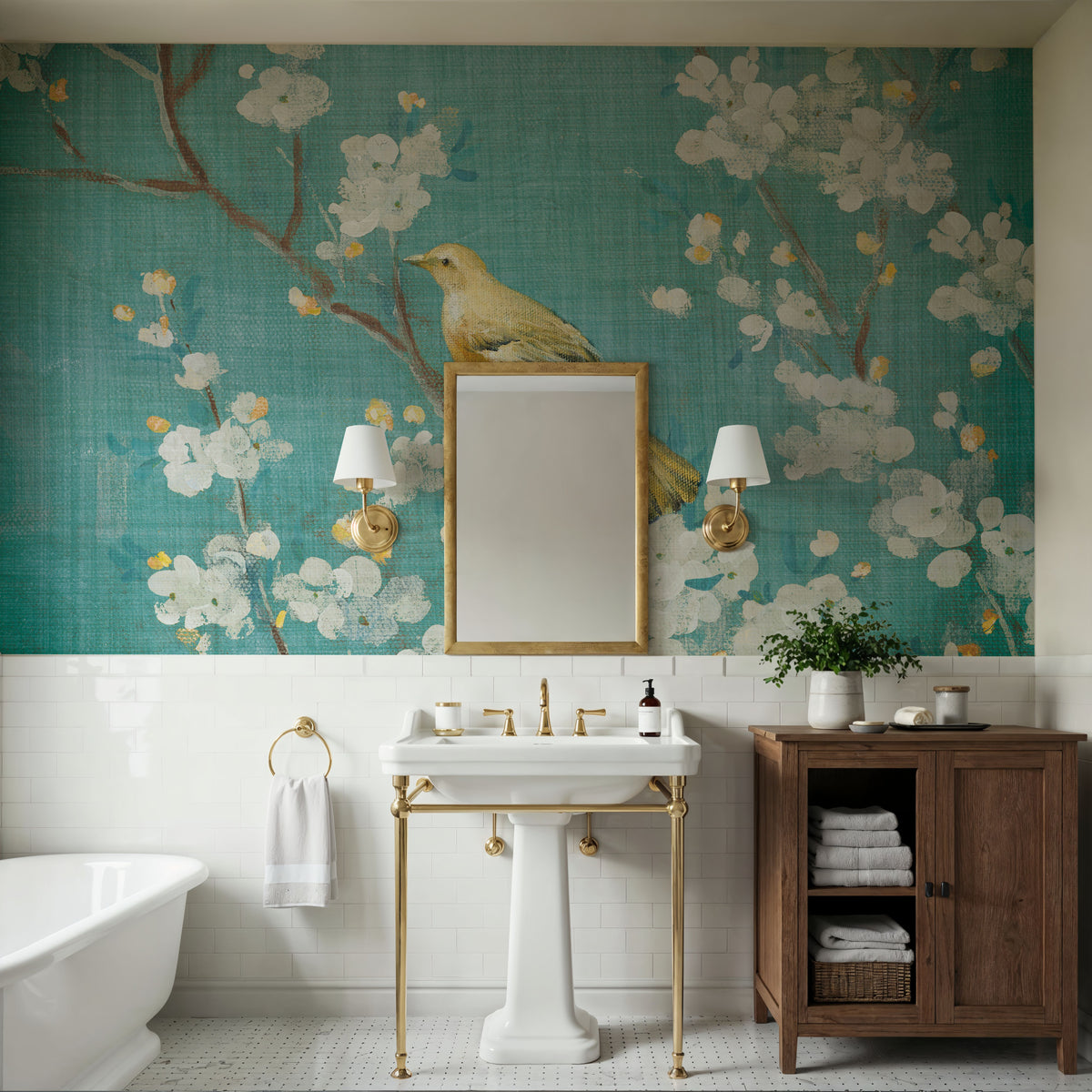White Cherry Blossoms II on Blue Aged Mural Wallpaper - room preview 06