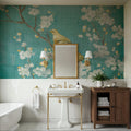 White Cherry Blossoms II on Blue Aged Mural Wallpaper - room preview 06
