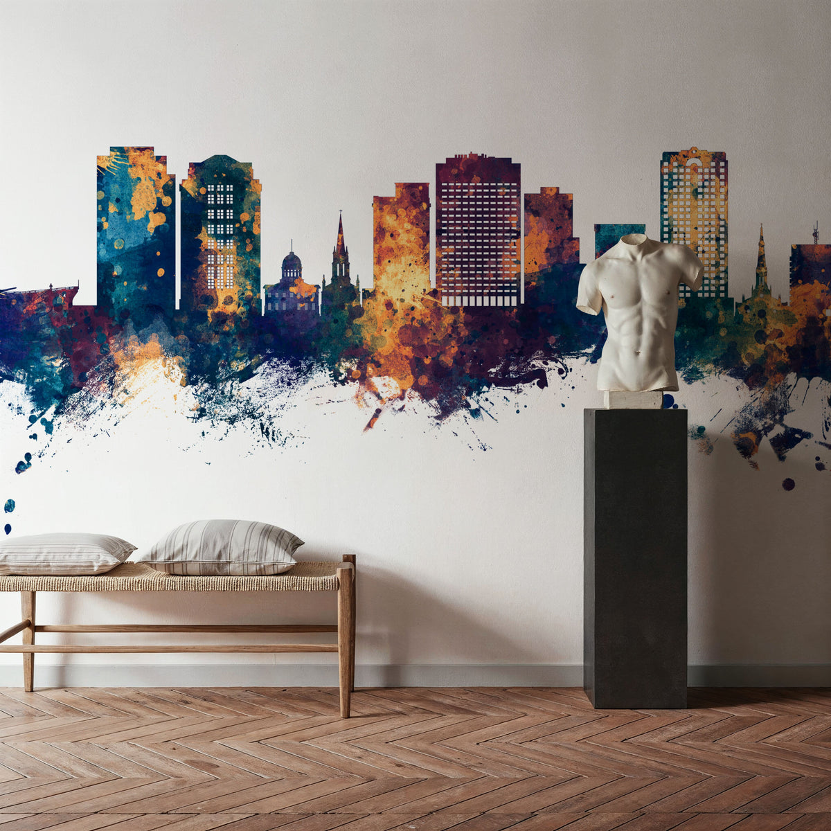 Norfolk Virginia Skyline Blue & Bronze Mural Wallpaper - room preview 06