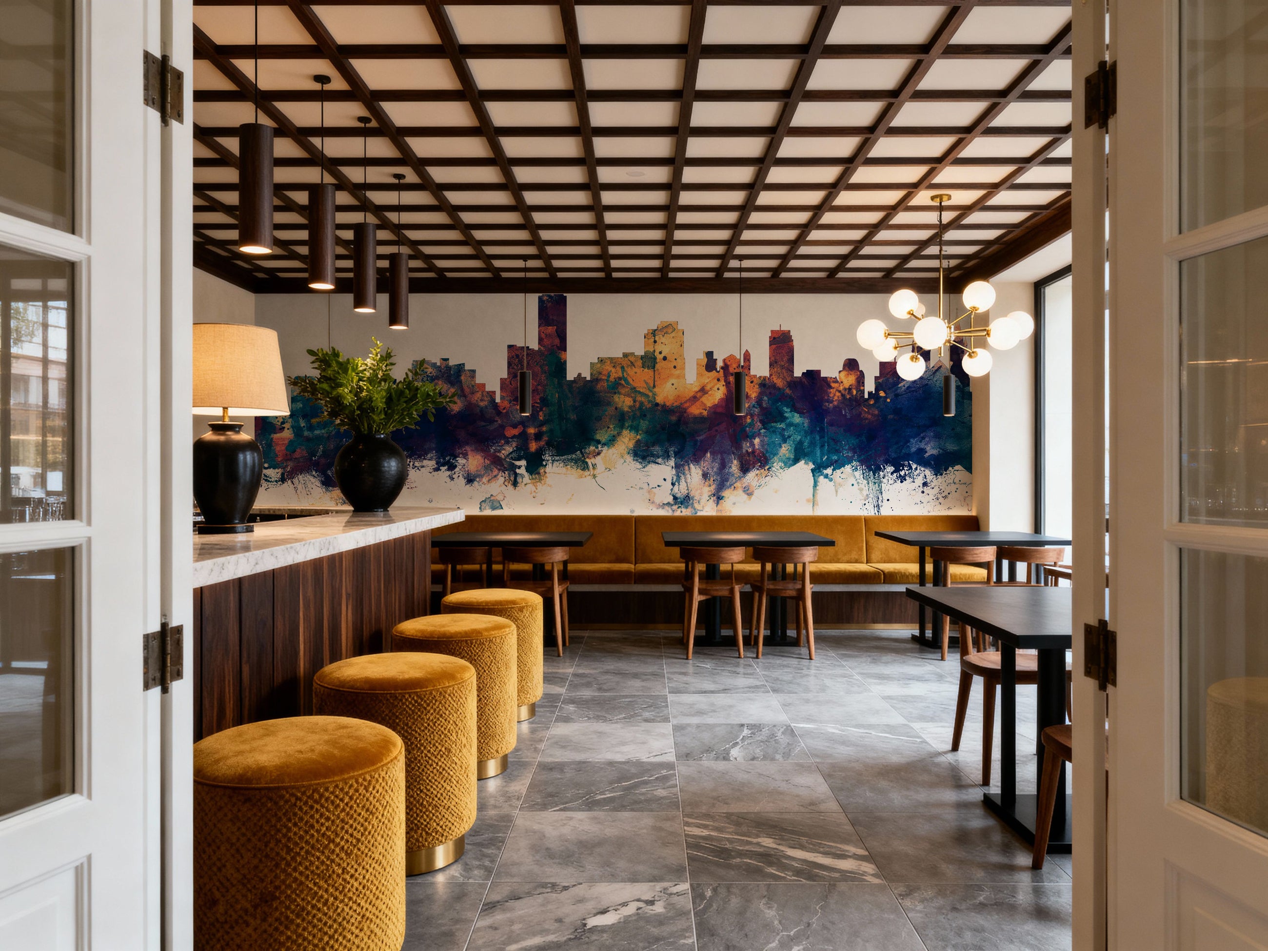 Adelaide Australia Skyline Blue & Bronze Mural Wallpaper