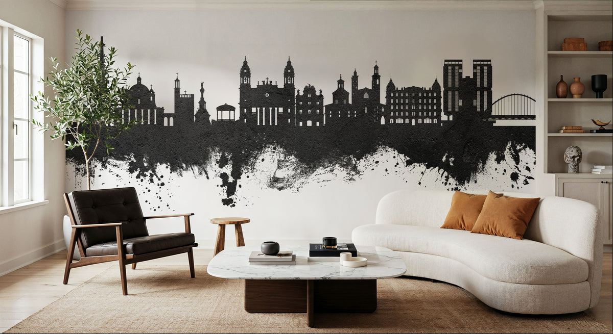 Pamplona Spain Skyline Black & White Mural Wallpaper - room preview 06