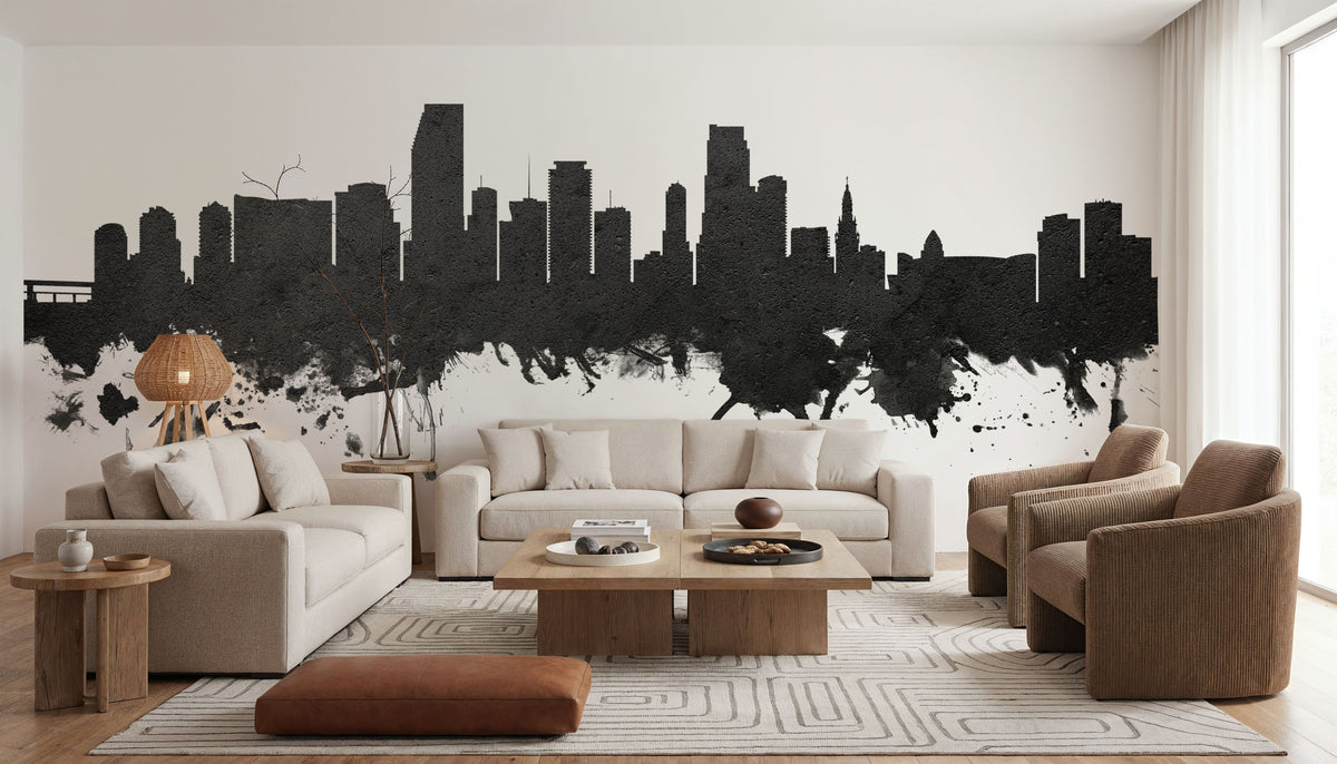 Miami Florida Skyline Blck & White Mural Wallpaper - room preview 06