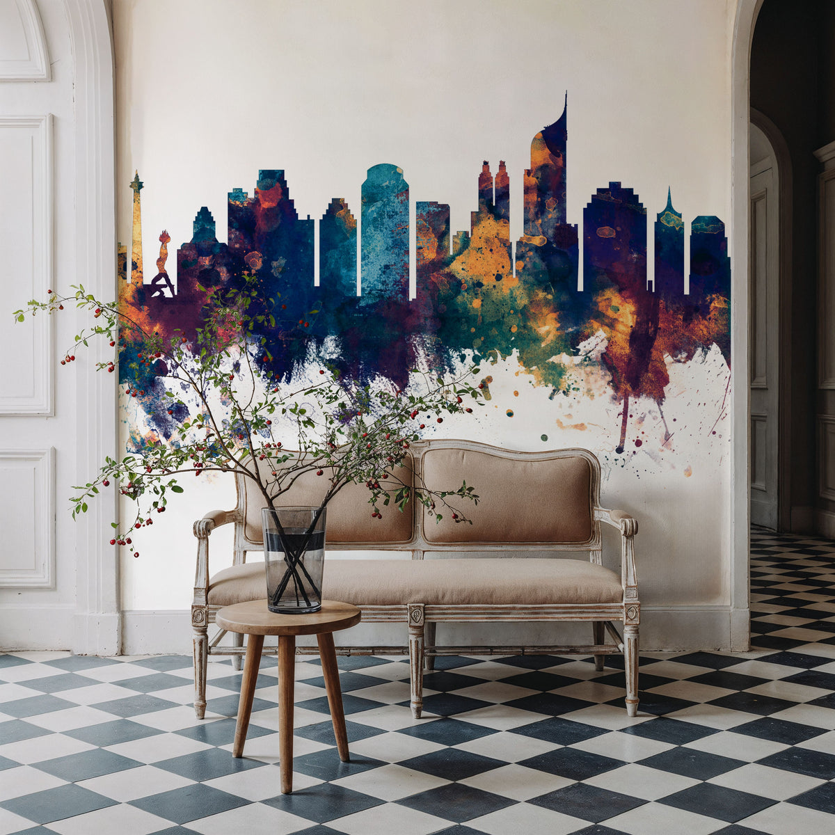 Jakarta Skyline Indonesia Blue & Bronze Mural Wallpaper - room preview 06