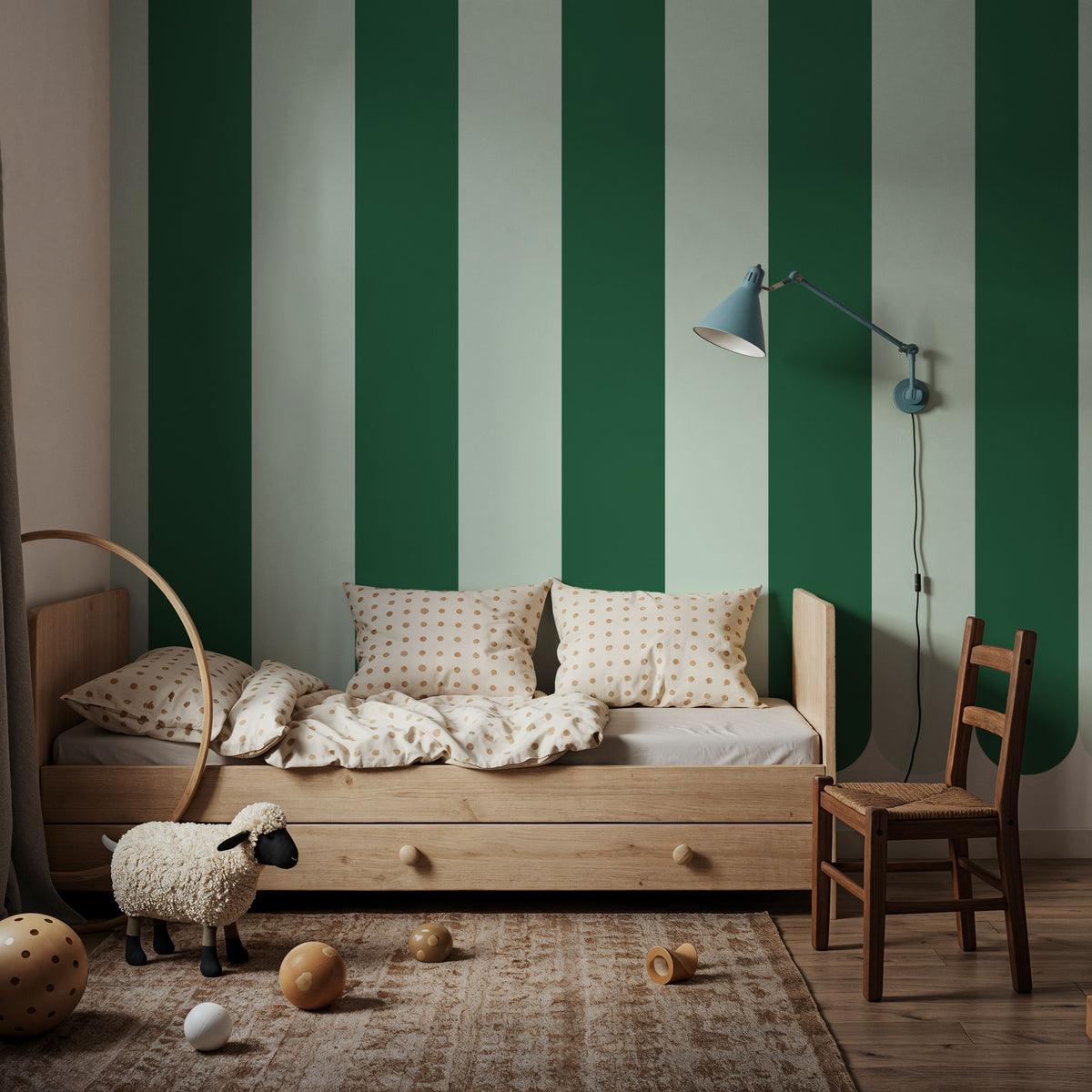 Scalloped Circus Stripes, Green on Green Mural Wallpaper - room preview 06