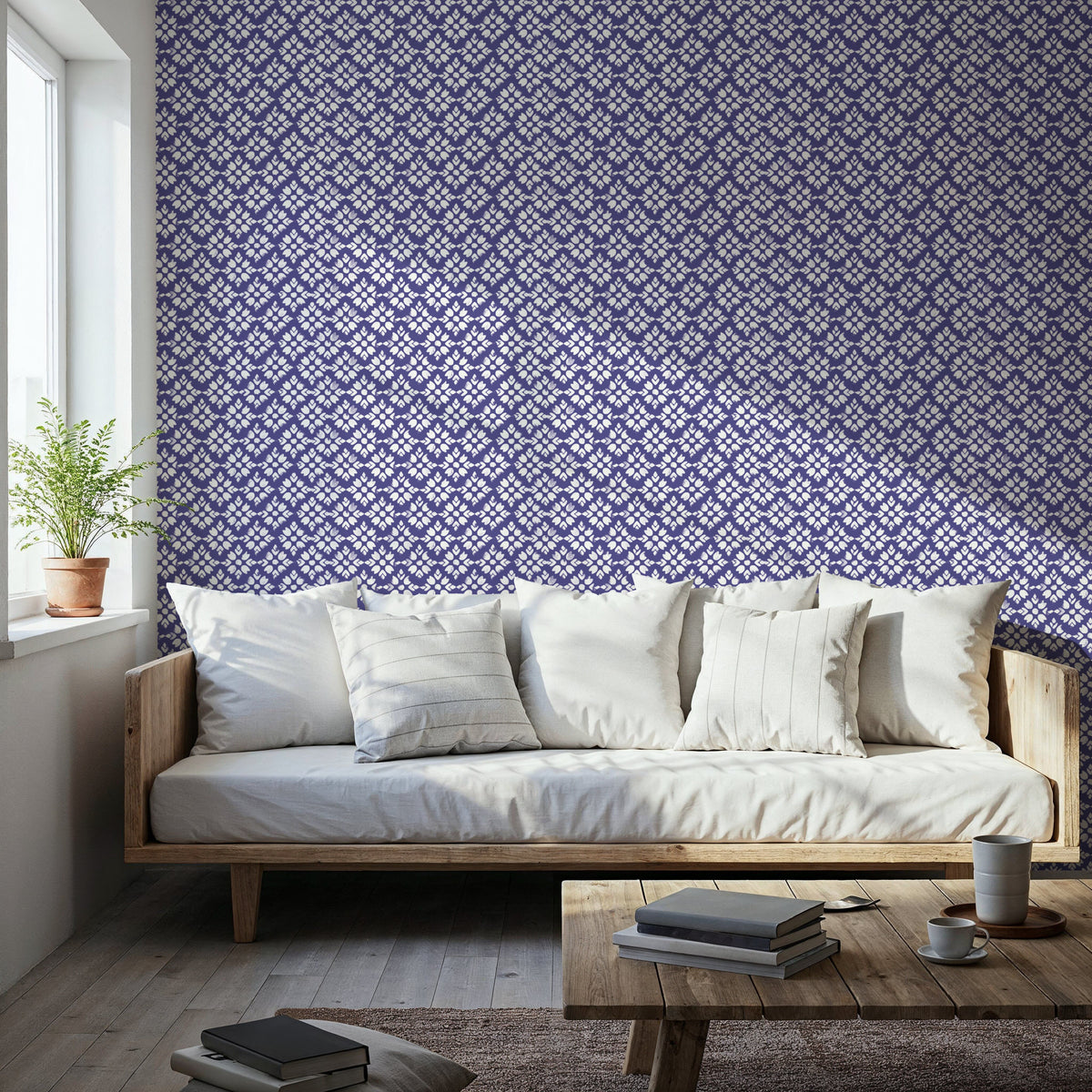 Botanical Stamps Blue Mural Wallpaper - room preview 06