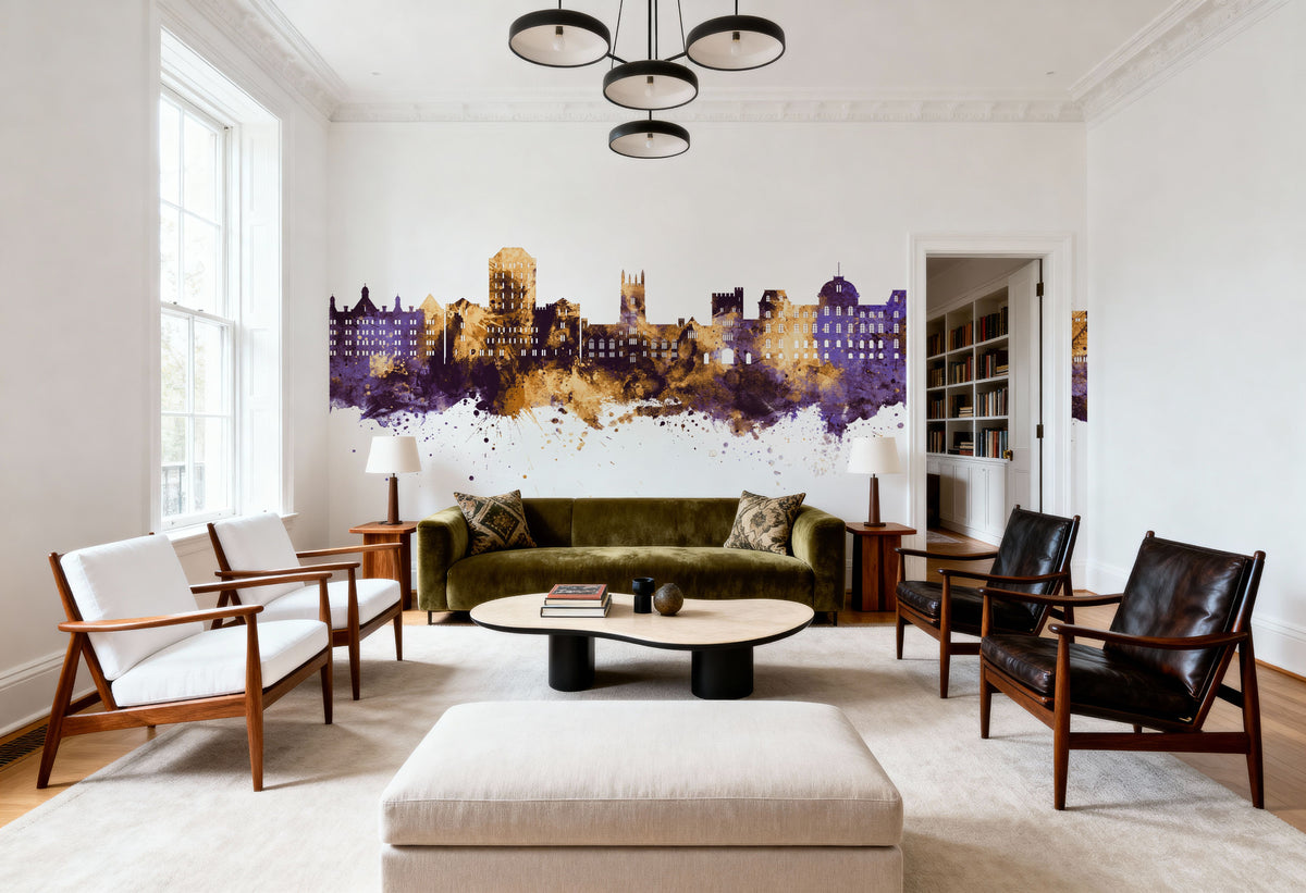 Poughkeepsie New York Skyline Purple & Gold Mural Wallpaper - room preview 06