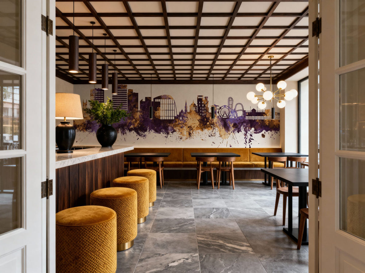 Southend-on-Sea England Skyline Purple & Gold Mural Wallpaper - room preview 06