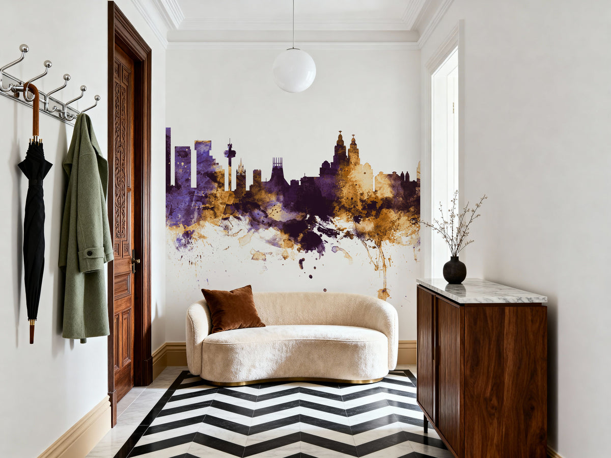 Liverpool England Skyline Purple & Gold Mural Wallpaper - room preview 06